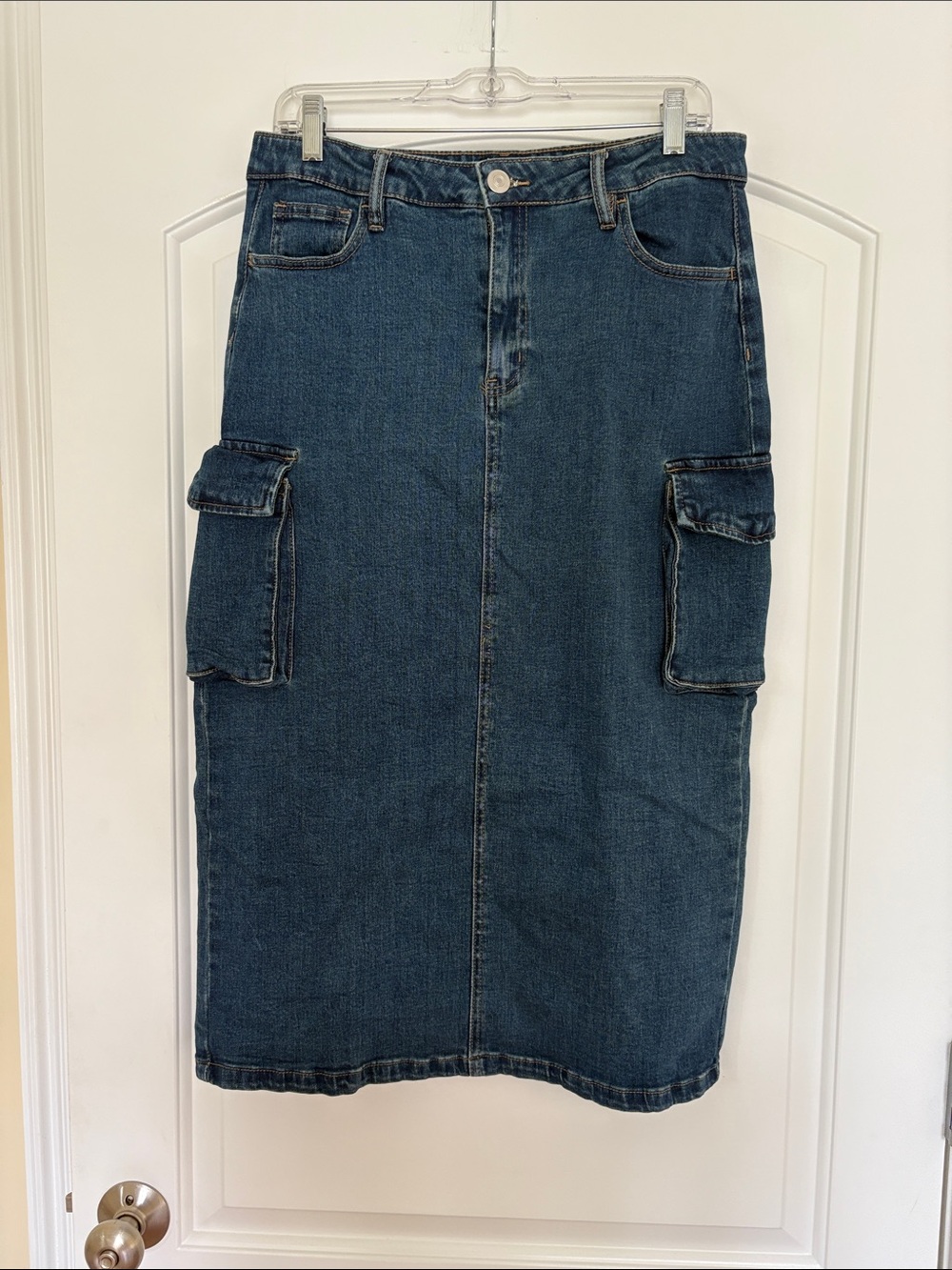 Denim Cargo Pocket Midi Skirt - Blue